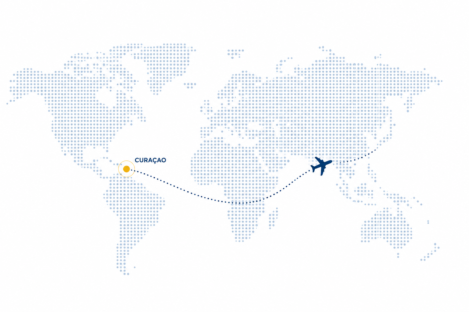 Dotted world map with aircraft route from Curaçao